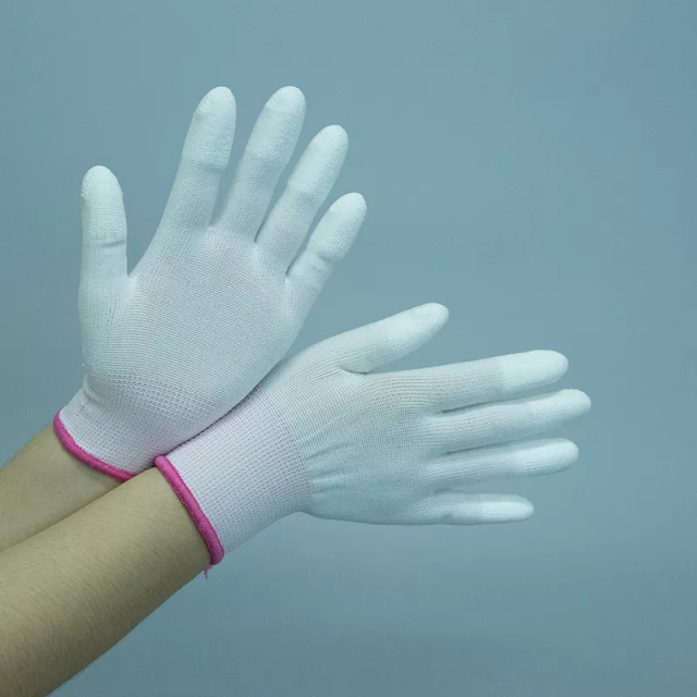 Pu Finger Coated Safety Working Gloves Hot Selling Polyester Knitted Cuff White Anti-cut Accept Customized Logo