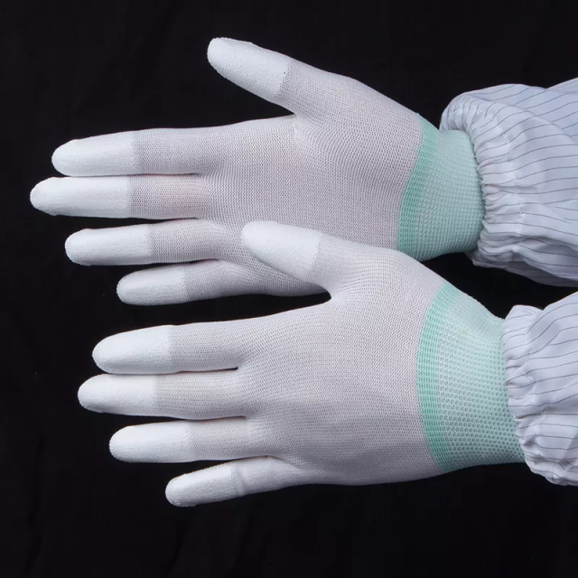 Pu Finger Coated Safety Working Gloves Hot Selling Polyester Knitted Cuff White Anti-cut Accept Customized Logo